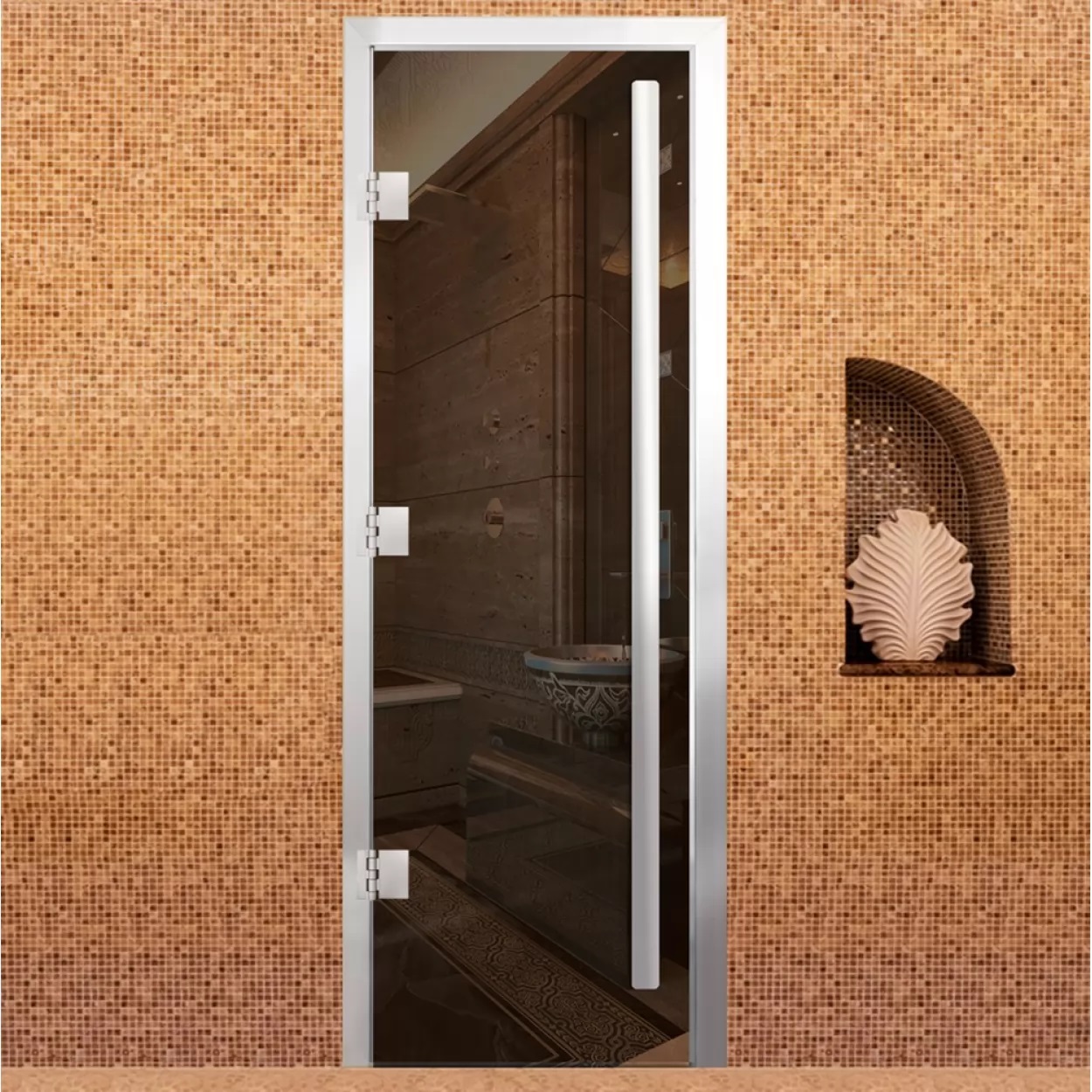 дверь для бани престиж al, бронза прозрач., петли l, верт. ручка-комби, алюминий 2100х800 (арта)